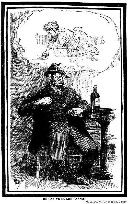 Illustration en noir et blanc. Un type à la mine patibulaire, sur fond sombre, est affaissé sur une chaise devant une grosse bouteille d'alcool. Dans une bulle-réflexion au-dessus de lui, une femme récure le plancher à genoux, sur fond blanc.